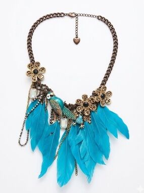 Rare Betsey Johnson Vintage Teal Blue Feather Parrot Statement Necklace